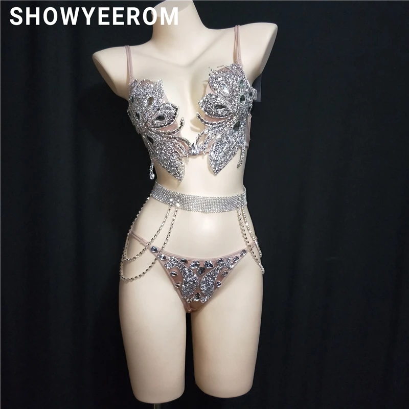 Блестящие стразы наряд с бикини женские сексуальные вечерние костюмы бюстгальтер Короткие серебряные бикини Bling сценический танец ночной клуб танцевальная одежда