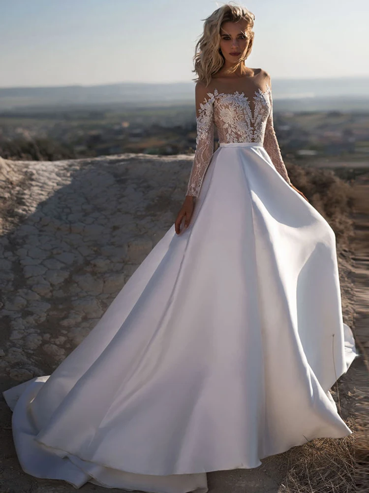 Long sleeve lace satin wedding dress Clearance