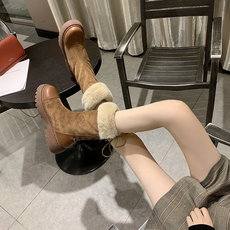COOTELILI Suede Leather Boots Botines Mujer Warm Plush For Women Lace up Black Fashion Mid-Calf Casual Shoes Woman |