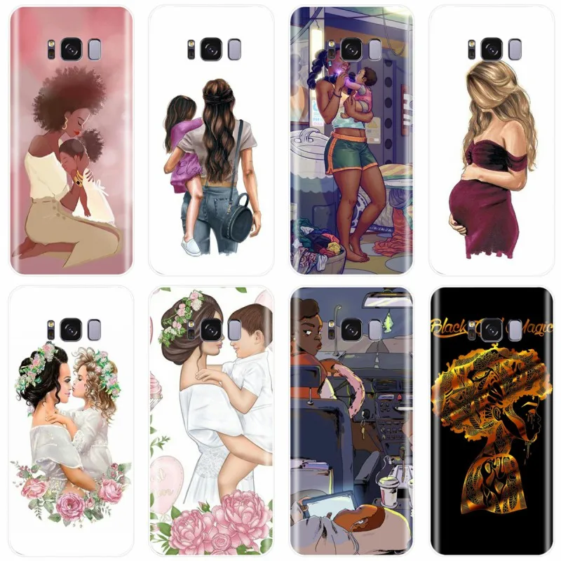 

Fashion Black Brown Hair Baby Mom Girl Queen Cover TPU Phone Case For Samsung Galaxy S7EDGE S6 S7 S8 S9 S10 PLUS S10LITE NOTE 8