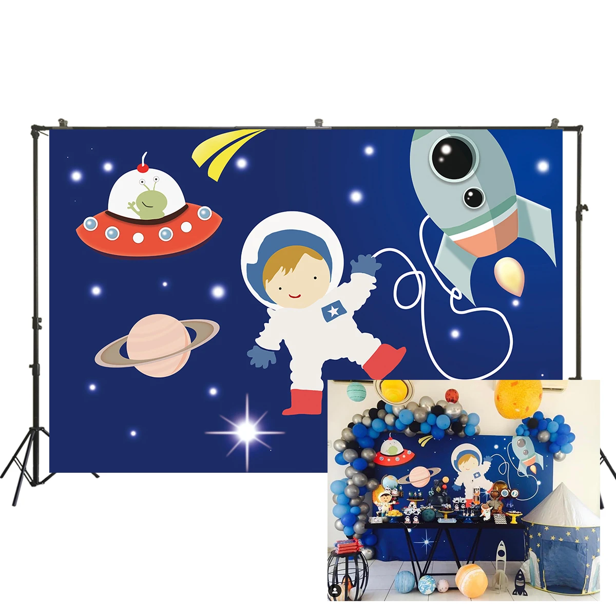 

boy Birthday party backdrop kids spaceman Astronaut themed background Rockets universe space Scene Setter Wall table Decorations