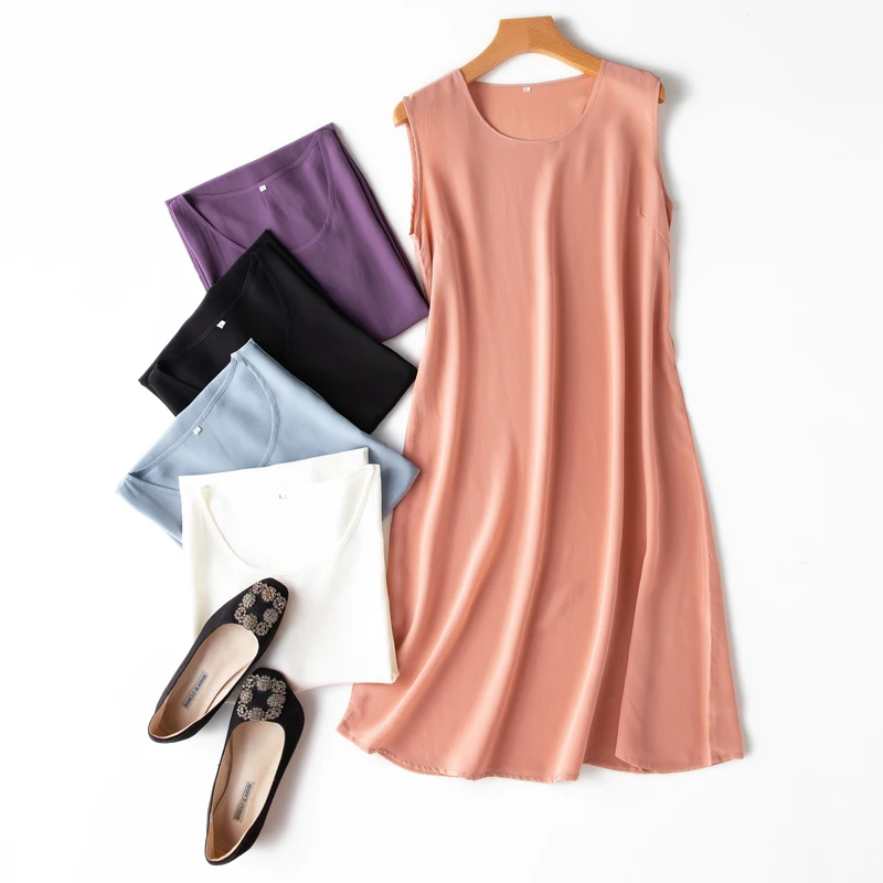 SuyaDream Woman Mini Dress 100%Silk Crepe Solid A line Sleeveless O neck Tank Dresses 2021 Spring Summer Chic Dress