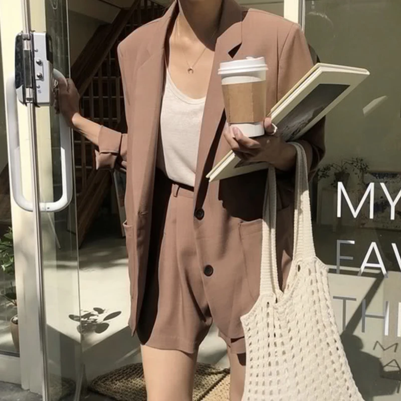 

Suit Two Piece Set Retro Long-sleeved Notched Neck Jacket + High Waist Loose Casual Pants Shorts Suit Female My242