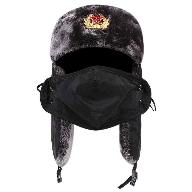 Winter hat Soviet Military Russian Pilot Winter Outdoor Ski Protective Men's Rabbit Thick Leather