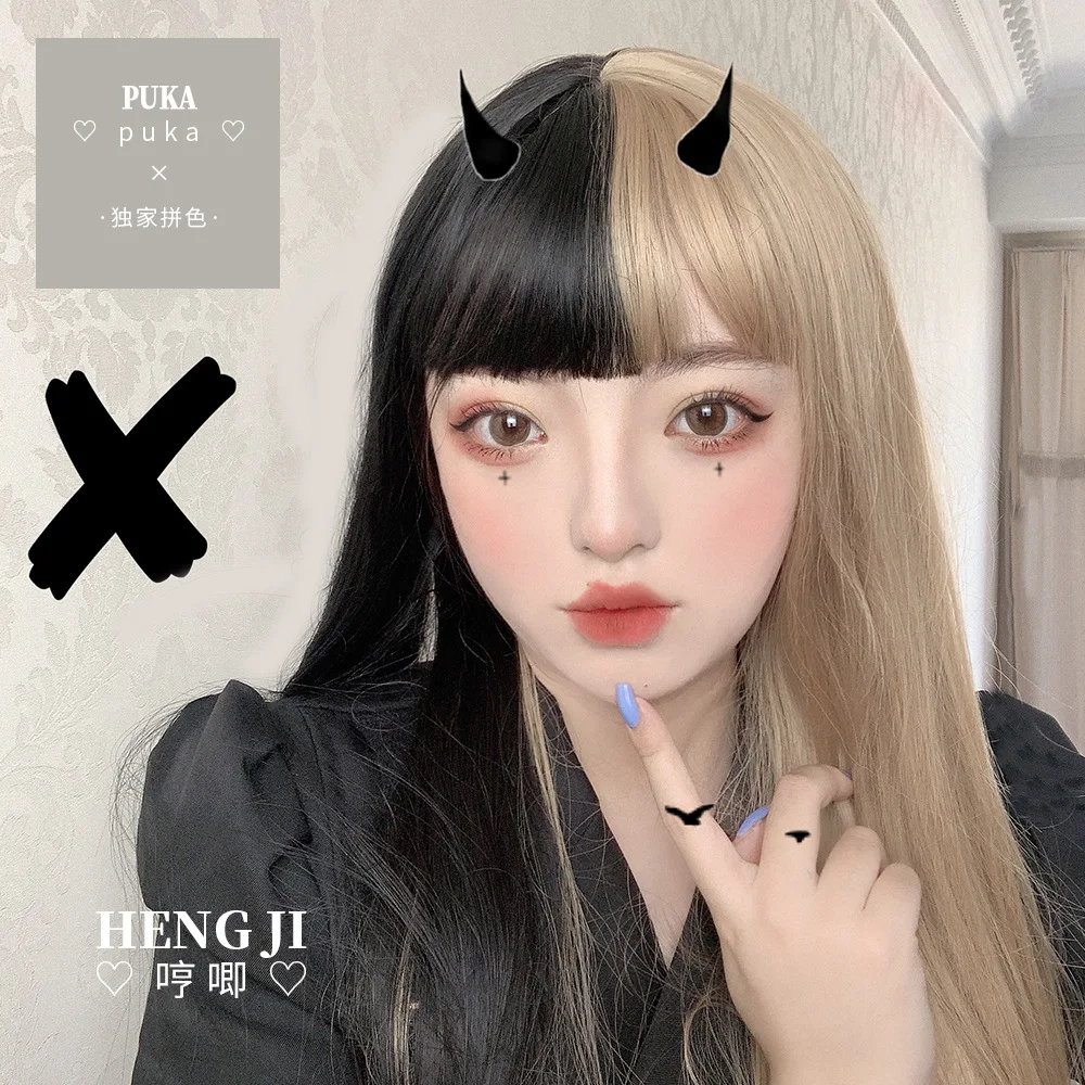 

Female Long Straight Hair Net Red Color Matching Lifelike and Natural round Face Girl Lolita Girl Fake Hair Puka Lolita wig