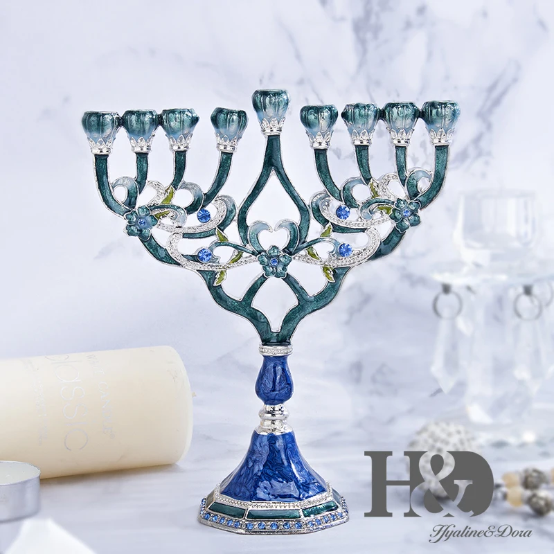 H&D ручная роспись Эмаль Цветочный Hanukkah Menorah подсвечник 9 веток канделябры украшенные кристаллами Звезда Давида Хамса