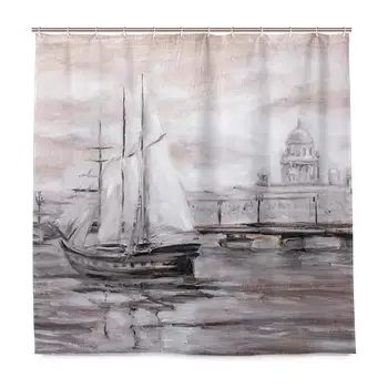 

Shower Curtain, Retro Vintage Painting of Sailing Boat Ship Moving by The Sea Near City Town Art Customized Bathroom Shower
