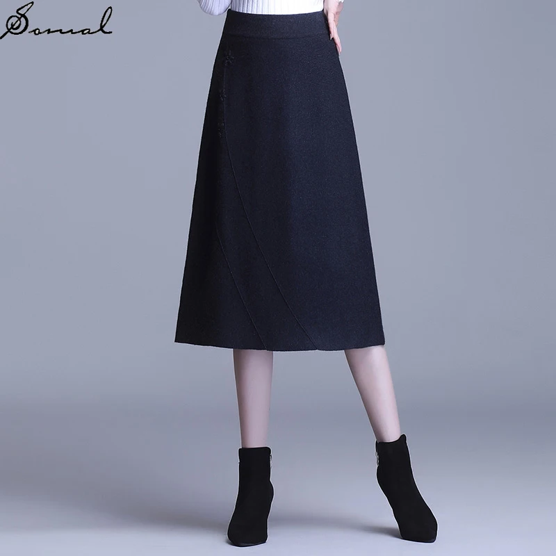 

SOMAL 2020 Autumn Winter Women's Emfroidery A Line Black Midi Skirt Elastic High Waist Knitted Long Skirt Office Lady for Party