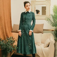 Осенне-зимнее вельветовое платье с вышивкой во французском ретро-стиле для девочек юбка с завышенной талией для похудения, не имеющая основного значения платье с длинными рукавами