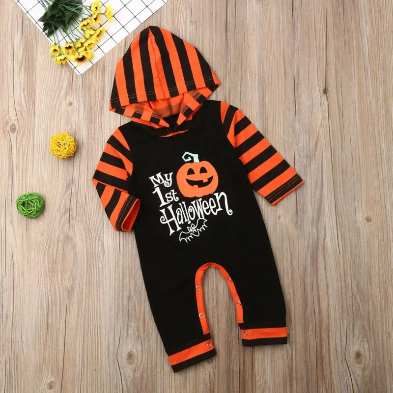 0-24M Newborn Infant Baby Boy Girl Halloween Rompers Long Sleeve Pumpkin Hooded Jumpsuit Autumn Costumes