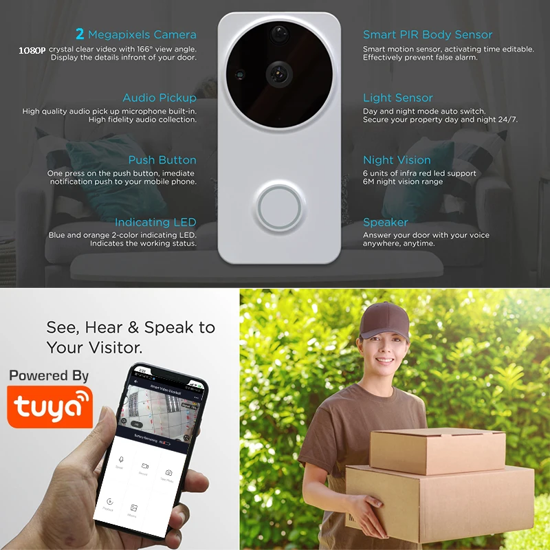 Outdoor Video Doorbell Tuya Smart Battery Powered 1080P HD WiFi Video Doorbell Camera PIR Motion Detect with Alexa Google Home
