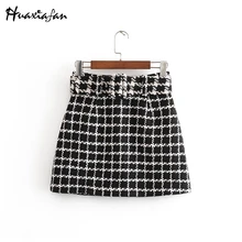Huaxiafan, зимние твидовые юбки, женские мини юбки-карандаш, юбки-карандаш, высокая талия, элегантный твид с поясом, Офисная Женская юбка в винтажном стиле