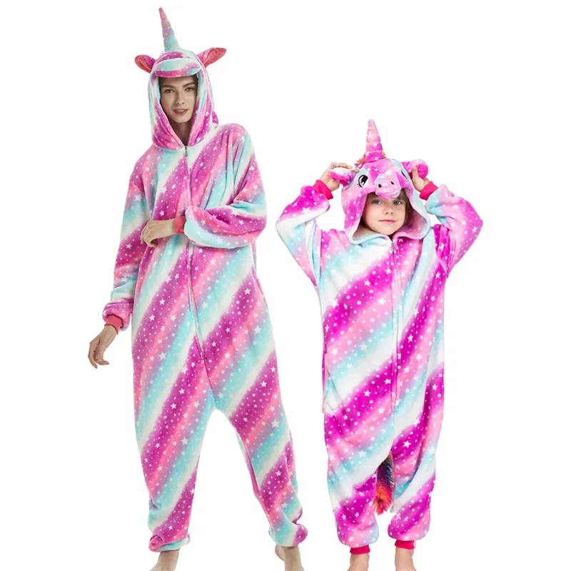 Kigurumi/пижамы с единорогом для взрослых и детей; Одинаковая одежда для семьи с изображением животных для мамы и дочки; зимние фланелевые пижамы для женщин и детей - Цвет: Starry Sky B