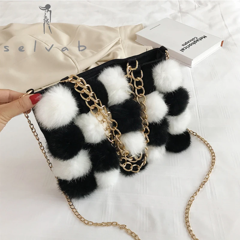 

New chain plush ladies bag autumn and winter stitching Korean version of the plaid fur bag wild fashion shoulder Messenger bag