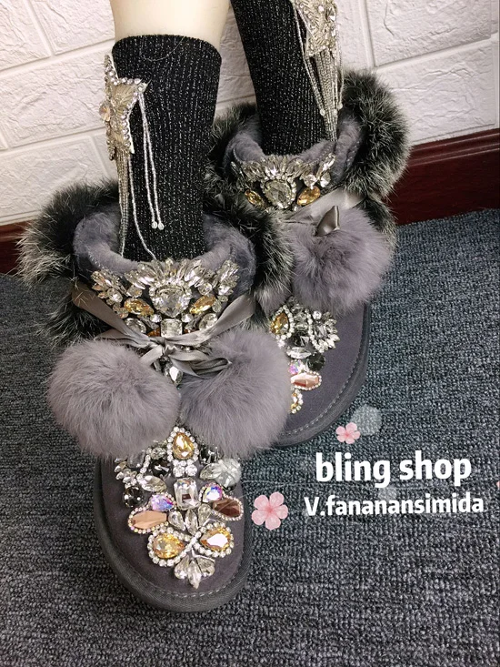 Original homemade European station heavy work sequins rhinestone beaded leather hair one leather thick snow boots