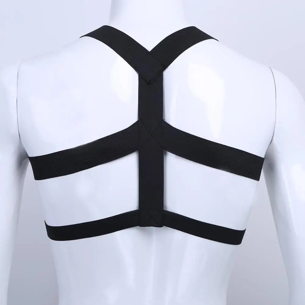 Men Black White Halter Neck Elastic Wide Straps Body Chest Harness Punk Male Bondage Costume Sexy Gay Club Rave Straps Crop Top
