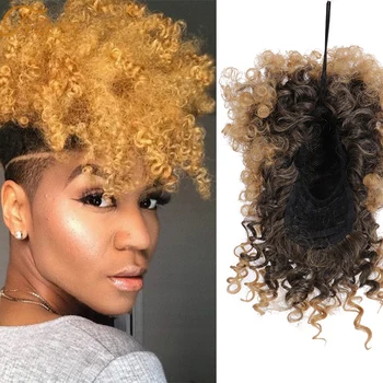 

TALANGHigh Puff Afro Kinky Curly Synthetic Ponytail with Bangs Hair Extension Drawstring Short Afro Pony Tail Clip in for Wommen