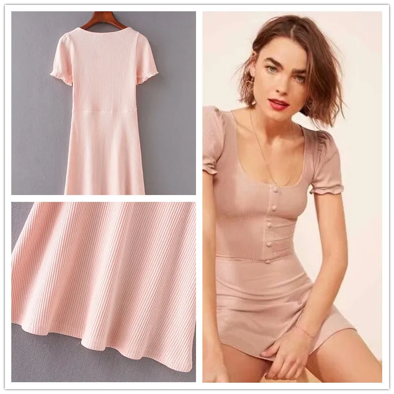 

2018 Summer New Style Retro Puff Sleeve Slim Fit Slimming Dress Women's Versatile Single Breasted A- line Skirt Fashion S8780