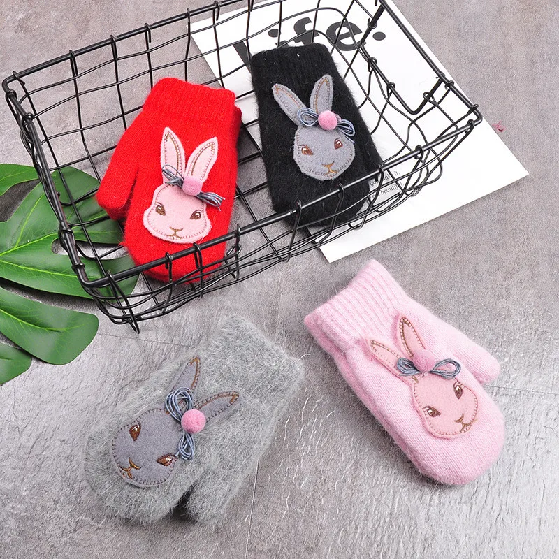 Детские перчатки с милым кроликом из мультфильма, зимние вязаные шерстяные варежки для новорожденных, толстые детские теплые перчатки