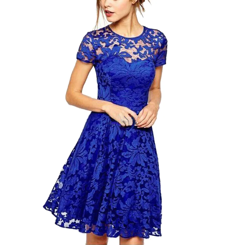 F# Elegant Temperament Lace Hollow Out Woman Dress Office Lady Round Neck Short Sleeve Summer Dress Chiffon Big Swing Min Dress