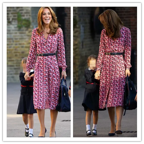 Princess Kate Dress Women Long Sleeve Dress Autumn Flower Print Runway Robe V Neck Single-breasted Vintage Midi Dresses+ Belt