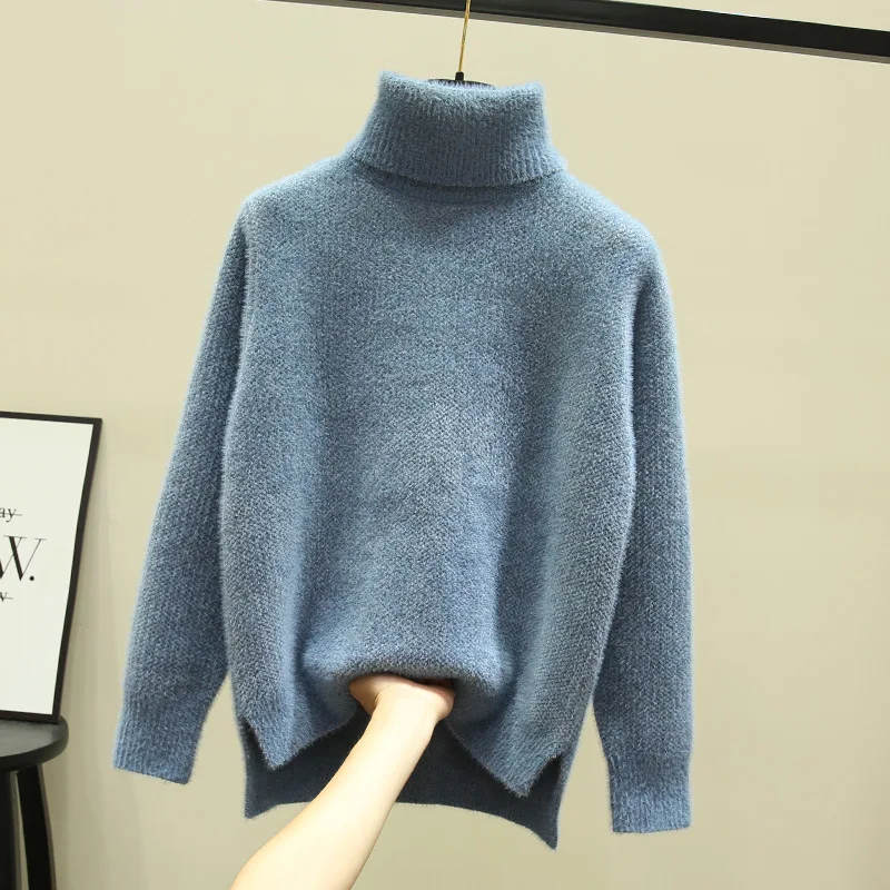 Осенний Толстый Пуловер с высоким воротом, свитера для женщин, зима, корейский имитация бархата, Раздельный свитер большого размера, женский джемпер