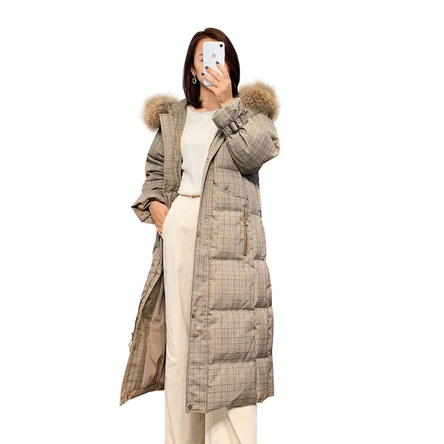 Новая зимняя куртка-пуховик наивысшего качества г. Длинная куртка до колена с капюшоном и воротником из белой утки 90 - Цвет: Хаки