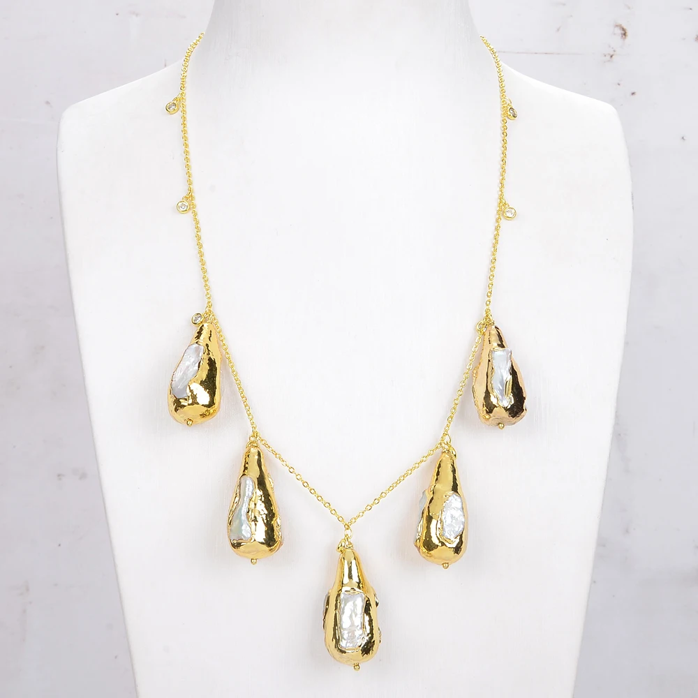 natural Cultured White Biwa Pearl Teardrop Festoon gold color plated