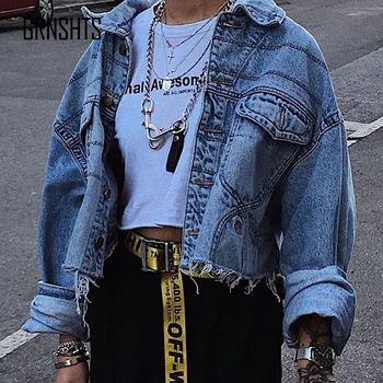 

Autumn Women New Old Lapel Denim Vintage Jacket Fashion High Street Streetwear Long Sleeve Turn Down Collar Pocket Button Tops L