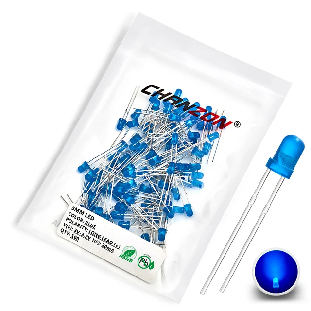 3mm LED Diode Kit Ultra Bright Warm White Red Green Blue UV Purple Yellow Orange Pink Clear Diffused Lens F3 Emitting Assortment 100Pcs Color Blue