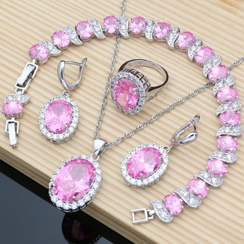 

Romantic Princess Earrings Pink Topaz 925 Silver Jewelry Sets for Women Wedding Juweliry Set with Stone Dropshipping