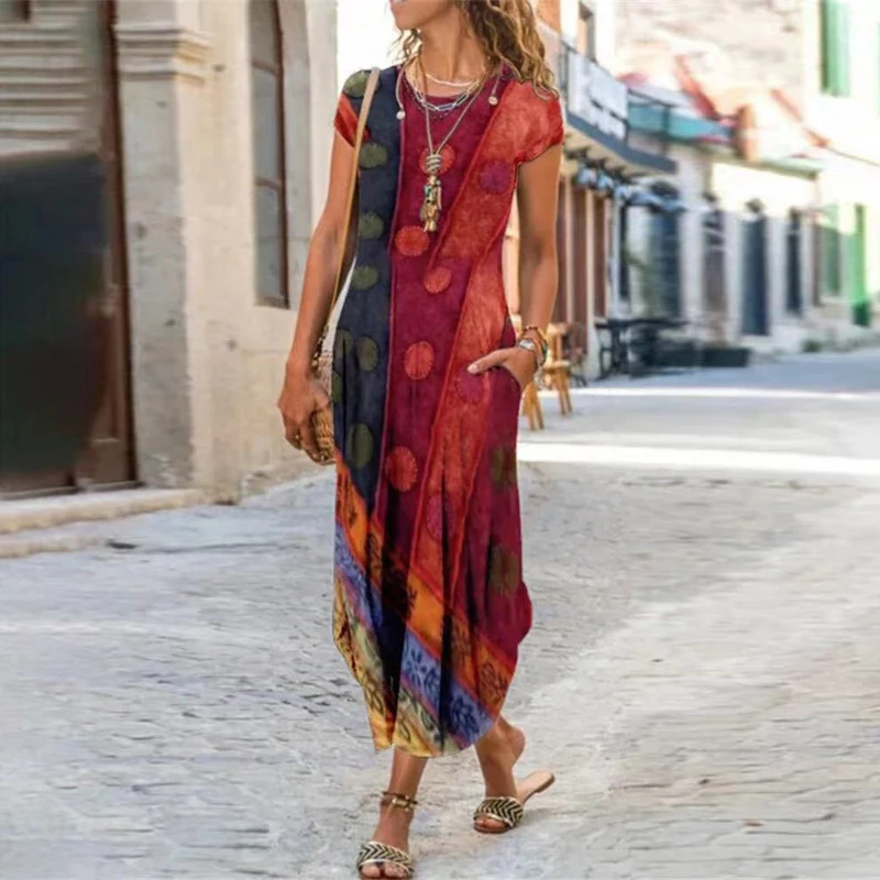 Vintage Flower Dress Women O Neck Pocket Casual Dresses For Women Loose Long Dress Plus Size Ladies Vacation Party Dress