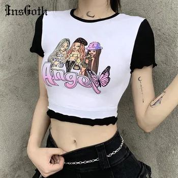 

InsGoth Harajuku Pachwork Short Sleeve Crop T-shirts Women Gothic Punk Print Tshirts Summer O neck Casual Tops Lady Korean Top