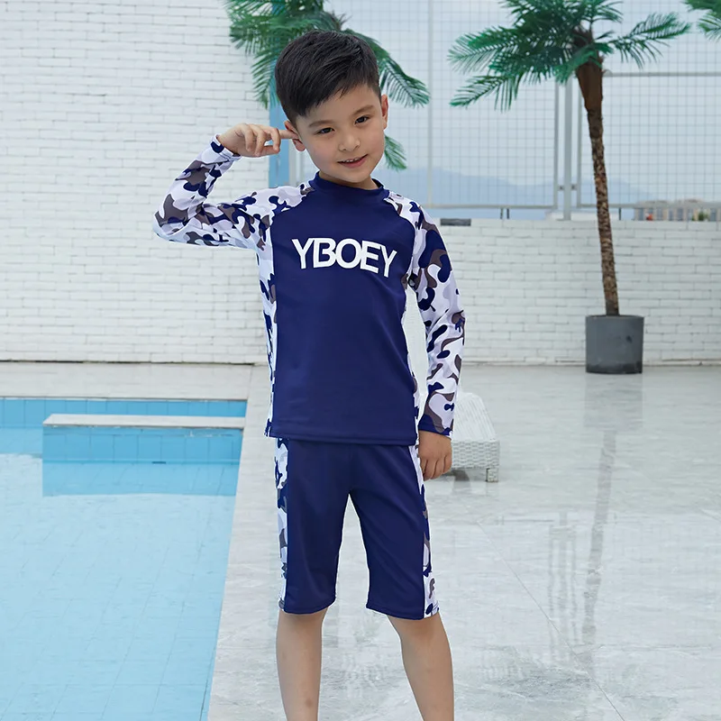 Boys Swimsuits Sunblock 2 Pieces Swim Suit Camouflage Children Swimwear Long Sleeve Boy Split Swimsuit Kids Bodysuit Beach Wear children swimsuits boys swimsuits