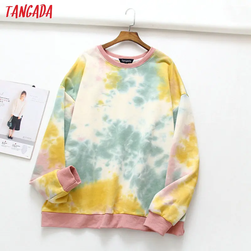 Tangada для женщин Tie dye негабаритных кофты с длинным рукавом японский стиль пуловеры женские повседневные топы XLJ24