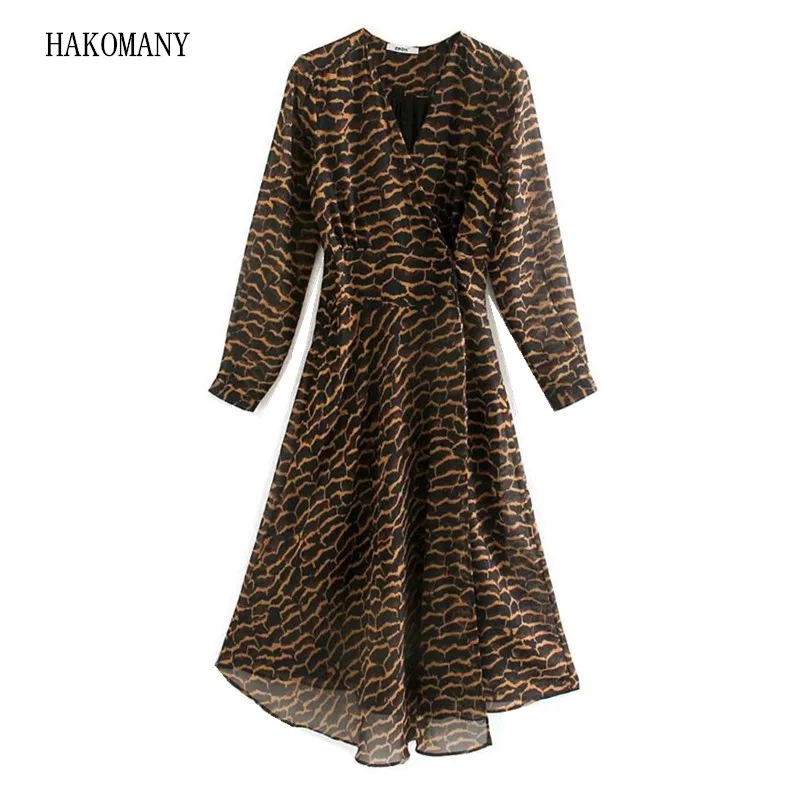 Vintage Woman Asymmetrical Hem Split Shirt Dresses Spring Black Cross V neck Lapel Animal Leopard Print Long sleeve Dress