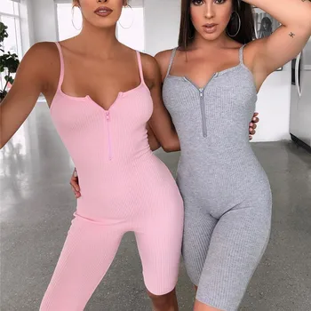 

Hirigin 2020 Sexy Women Deep V-neck Front Zipper Jumpsuit Rompers Sleeveless Strap Bodycon Solid Bodysuit Sport Shorts Trousers