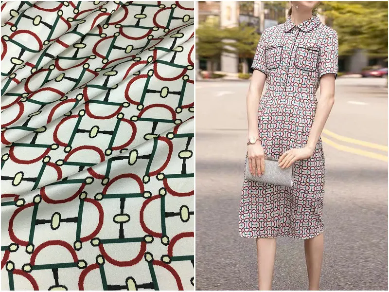 

Natural silk stretch satin fabric new brand letter chain buckle printing fabric 140cm wide 19mm fashion fabric for dress shirt