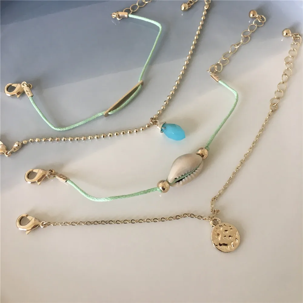 Trendy Gold Color Horn Cubic Bead Strand Natural Sea Shell Drop Layered Cord Chain Colorful Star Tassel Anklet Or Bracelet