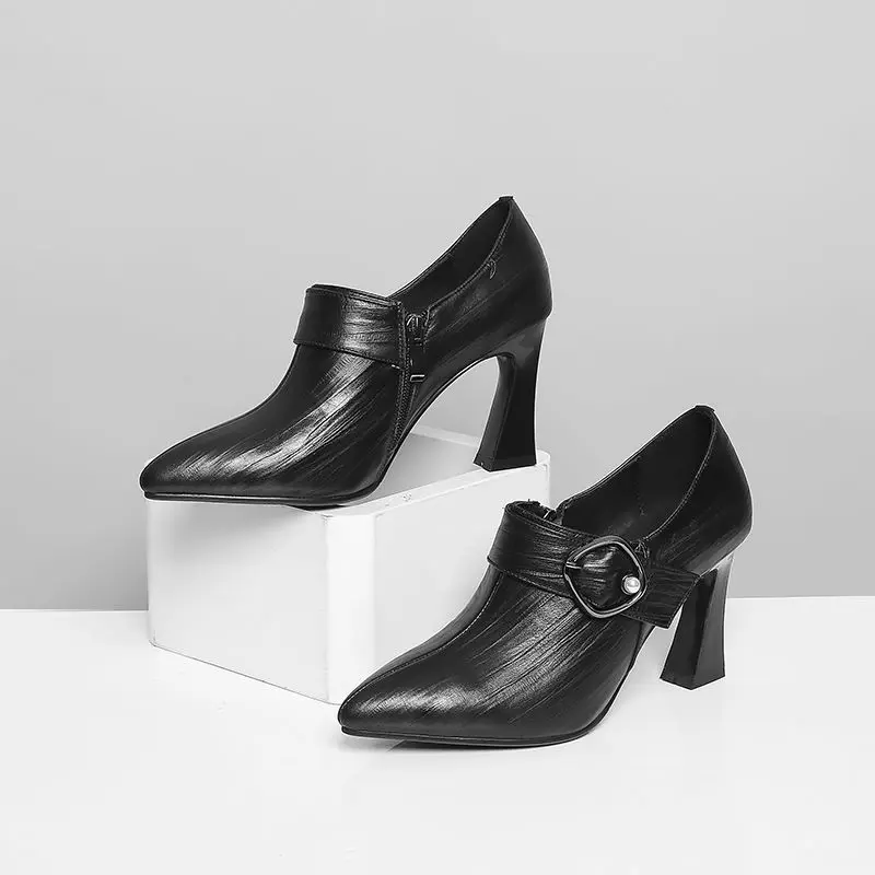 ALLBITEFO natural genuine leather buckle square toe high heels leisure girl high thick heel shoes hot sale women platform shoes