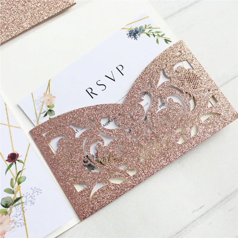 Роскошный золотой свадебный набор приглашений с RSVP обертывание живота полоса три раза карман приглашает Свадебные Изделия для декорации