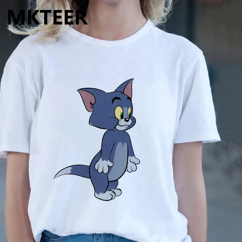 Новая летняя футболка с принтом Tumblr Tom Catch Jerry для женщин Harajuku Эстетическая футболка с круглым вырезом и короткими рукавами в винтажном стиле Kawaii