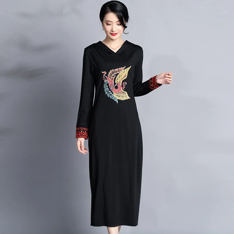 

Spring And Autumn Mid-length Black Dress Retro Cotton New Style WOMEN'S Dress National Wind Embroidered Long Sleeve Hooded