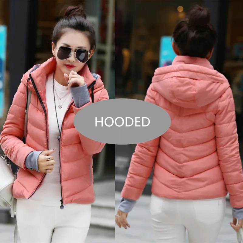 Pink--Hooded Осенне-зимняя женская куртка, большие размеры, женские парки, плотная верхняя одежда, одноцветные пальто с капюшоном, короткие женские тонкие базовые Топы с хлопковой подкладкой - Цвет: Pink--Hooded