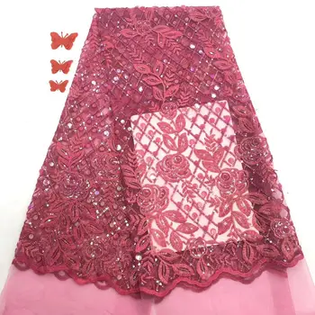 

2020 rose flower for net lace fabric with seqiuns JOY-2304 Fashionable french net fabric for dress wedding or party dress