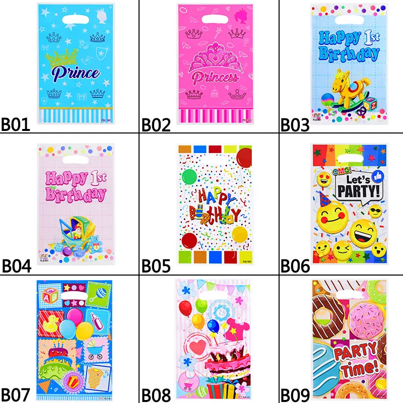 10pcs Printed Gift Bags Happy Birthday Plastic Candy Bag Child Boy Girl Kids Birthday Party Baby Shower Favors Supplies Decor
