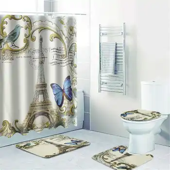 

4PCS Waterproof Shower Curtain Home Bathroom Bath Mat Set Rugs Toilet Lid Cover Bath Mat Pad Set For Bathroom Home Decor