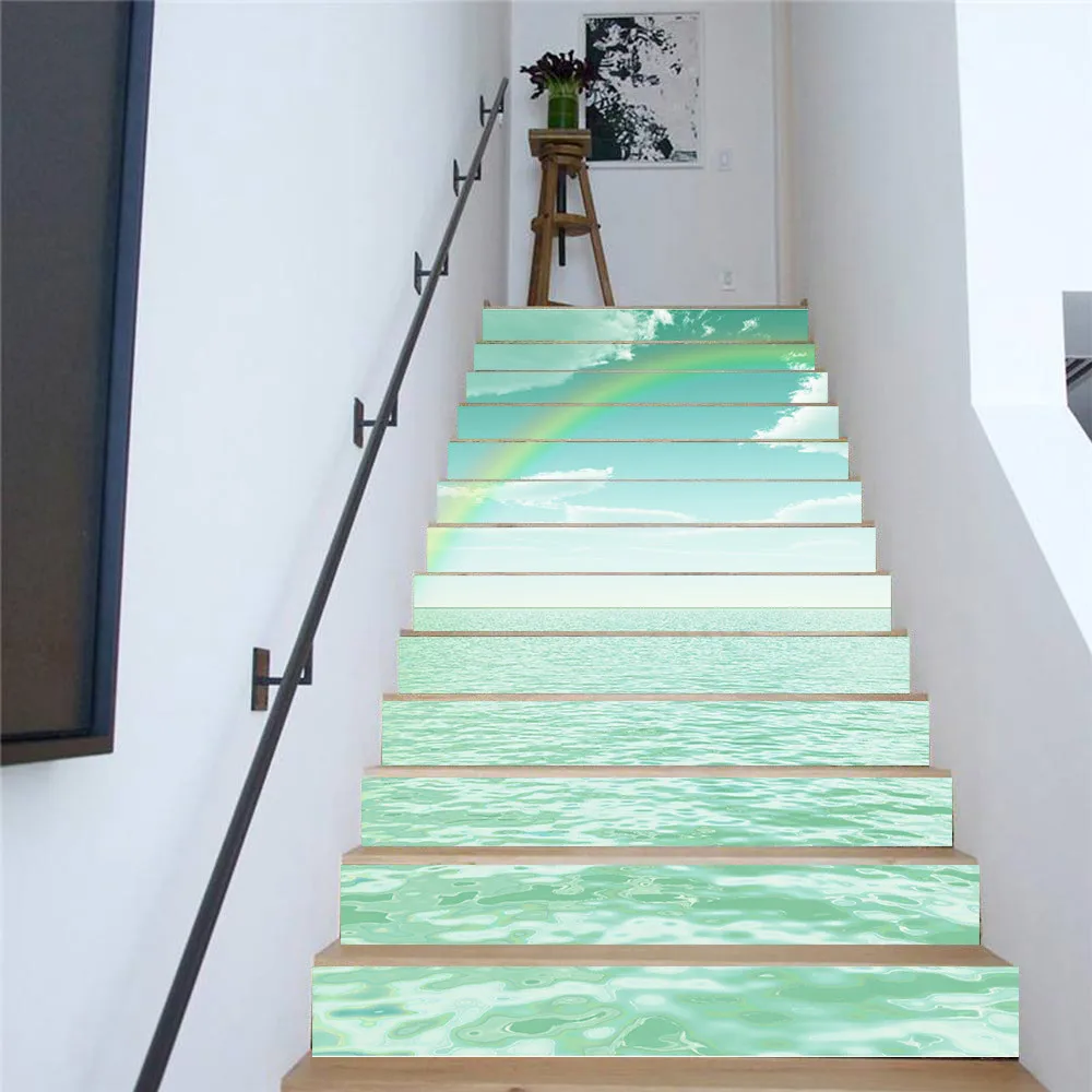 13Pcs/Set Green Sea Rainbow Stair Sticker Pvc Self-Adhesive Creative Living Room Decoration Home Waterproof Wall Stairs | Дом и сад