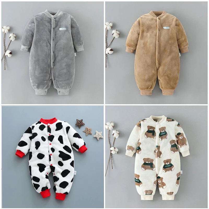 Autumn & Winter Baby Warm Clothes Boy Girl Pure Colour Romper Infant Flannel Soft Fleece Jumpsuit One Piece Toddler Overall