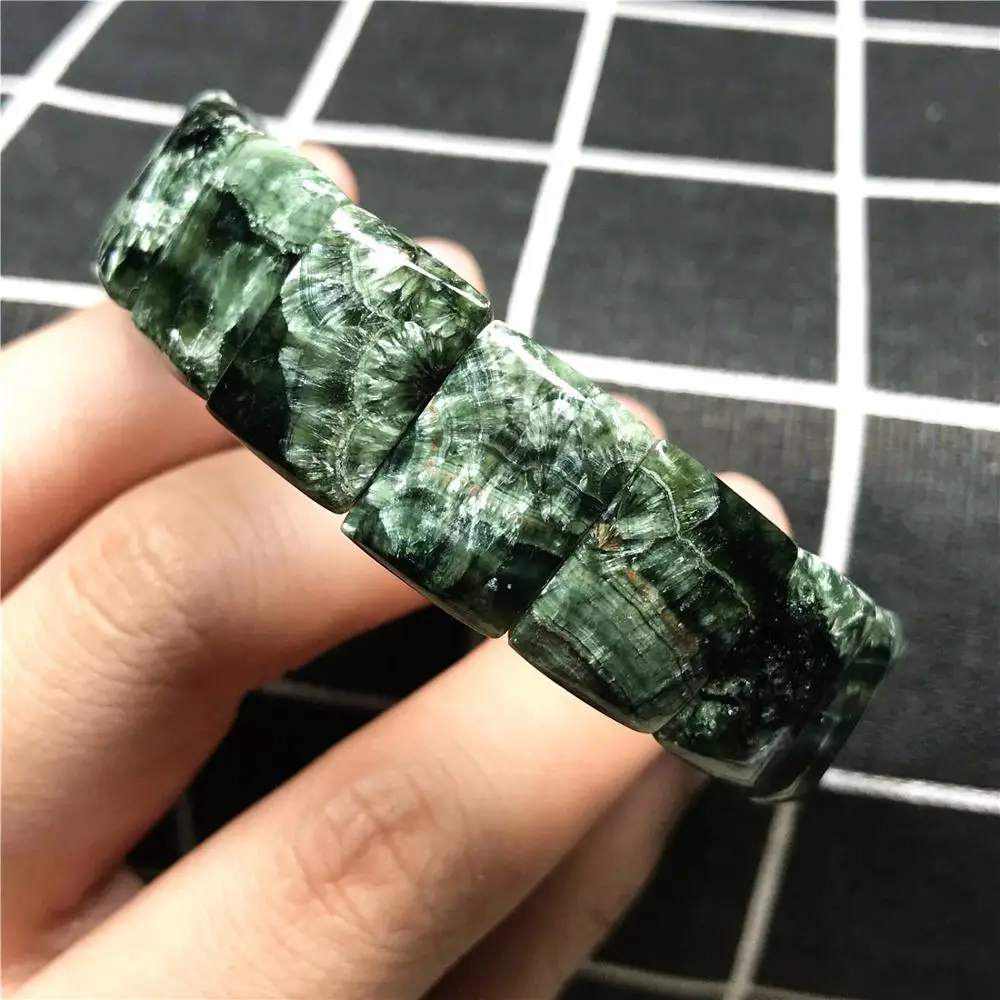 

Top Natural Green Seraphinite Bangle Bracelet For Woman Man Anniversary Crystal Stretch 16x12mm Rectangle Beads Jewelry AAAAA